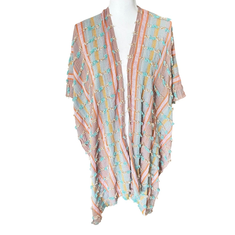 Soft Surroundings Striped Tufted Fringe Kimono Wrap One Size Multi Color 1CN13